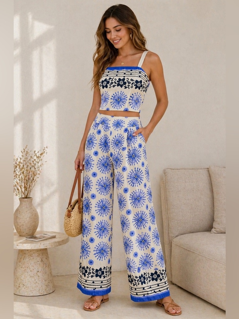 Blue & White Floral Strap Two Pieces Set
